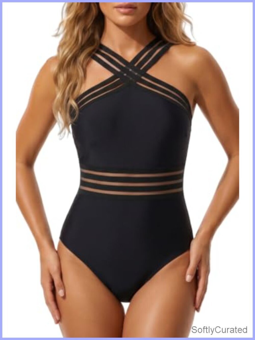 One Piece Swimsuit with Crisscross Mesh Straps Tummy Control Push Up Bra